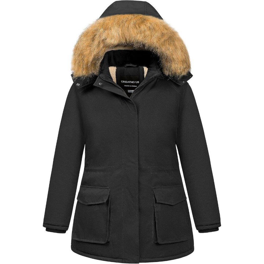 Women's Black Hood Jackets Coats Detachable Fur Lined Zipper Pocket Designed